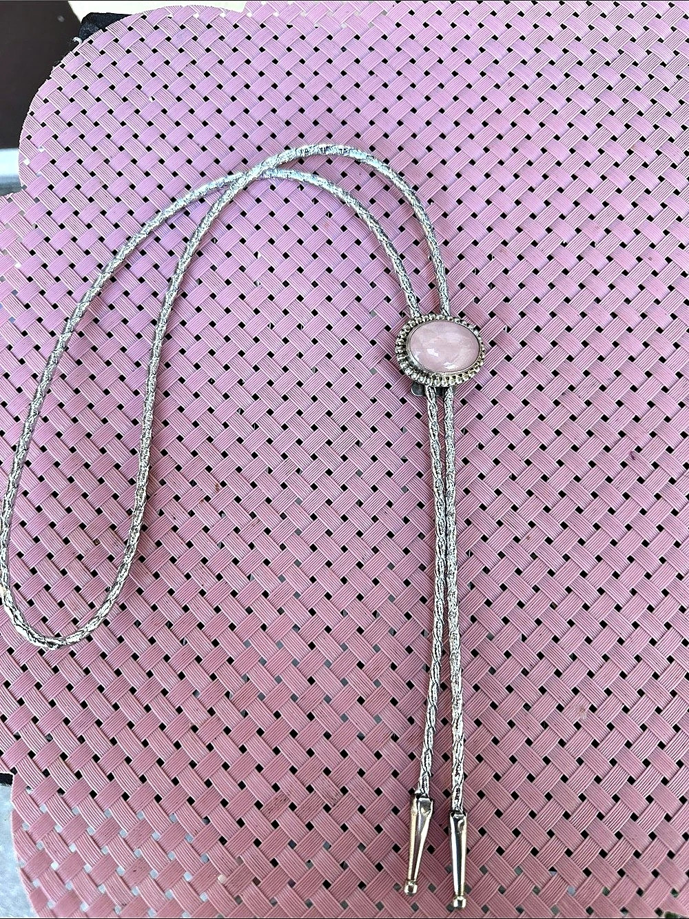 Title: Vintage Sterling Silver Pink Stone Bolo Tie Western 925